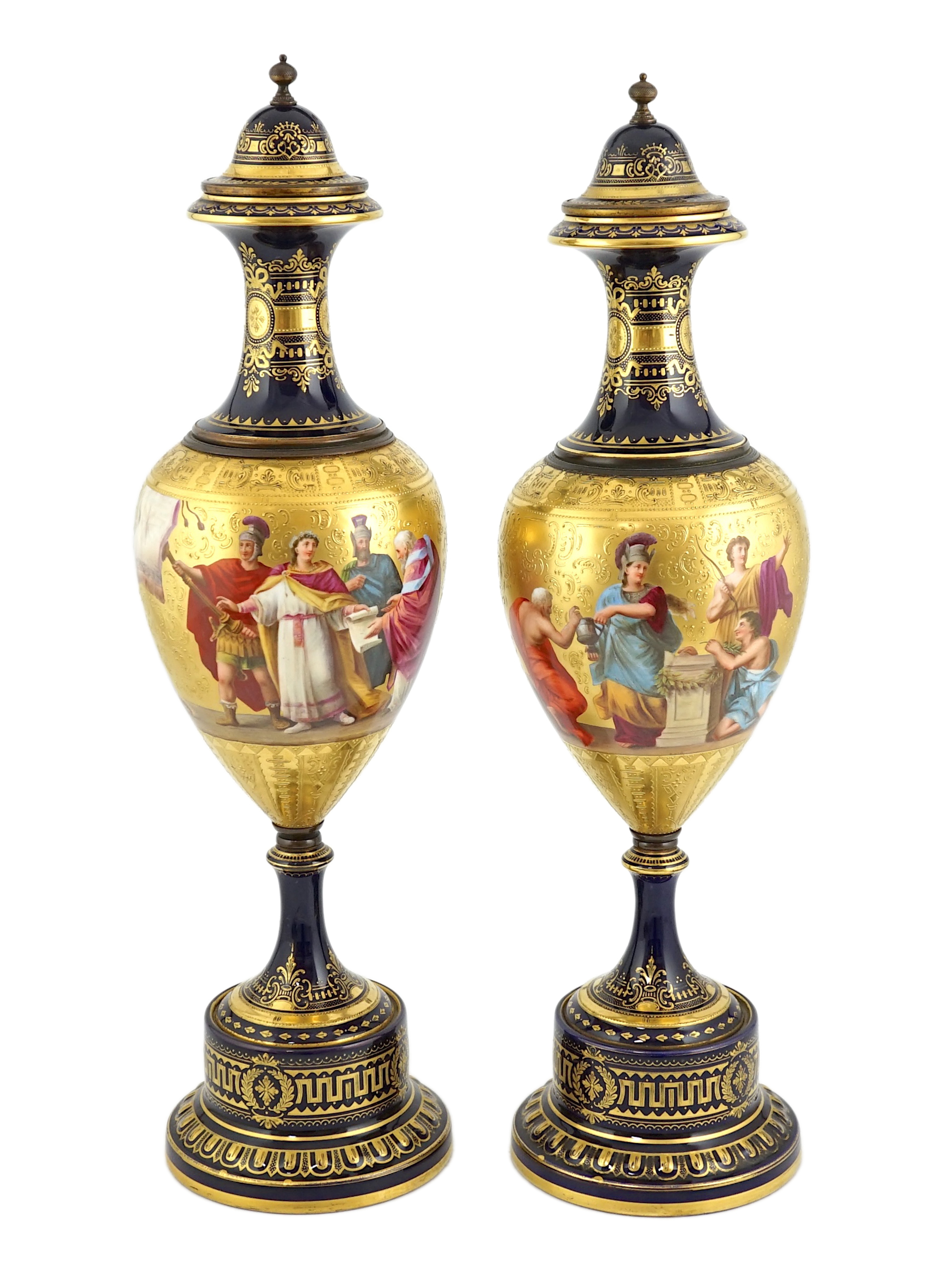 A pair of tall Vienna style porcelain vases and covers, early 20th century